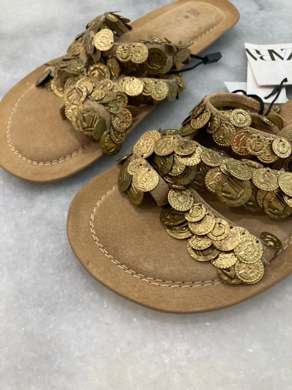 ZARA Gold Coin Suede Sandals NWT - Picture 3 of 9